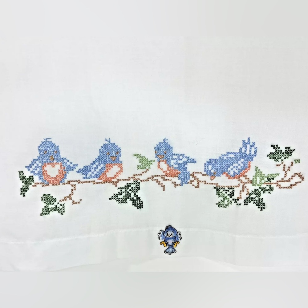 Blue Bird Hand Embroidered Queen Pillow Cases Grannycore Cottagecore Country